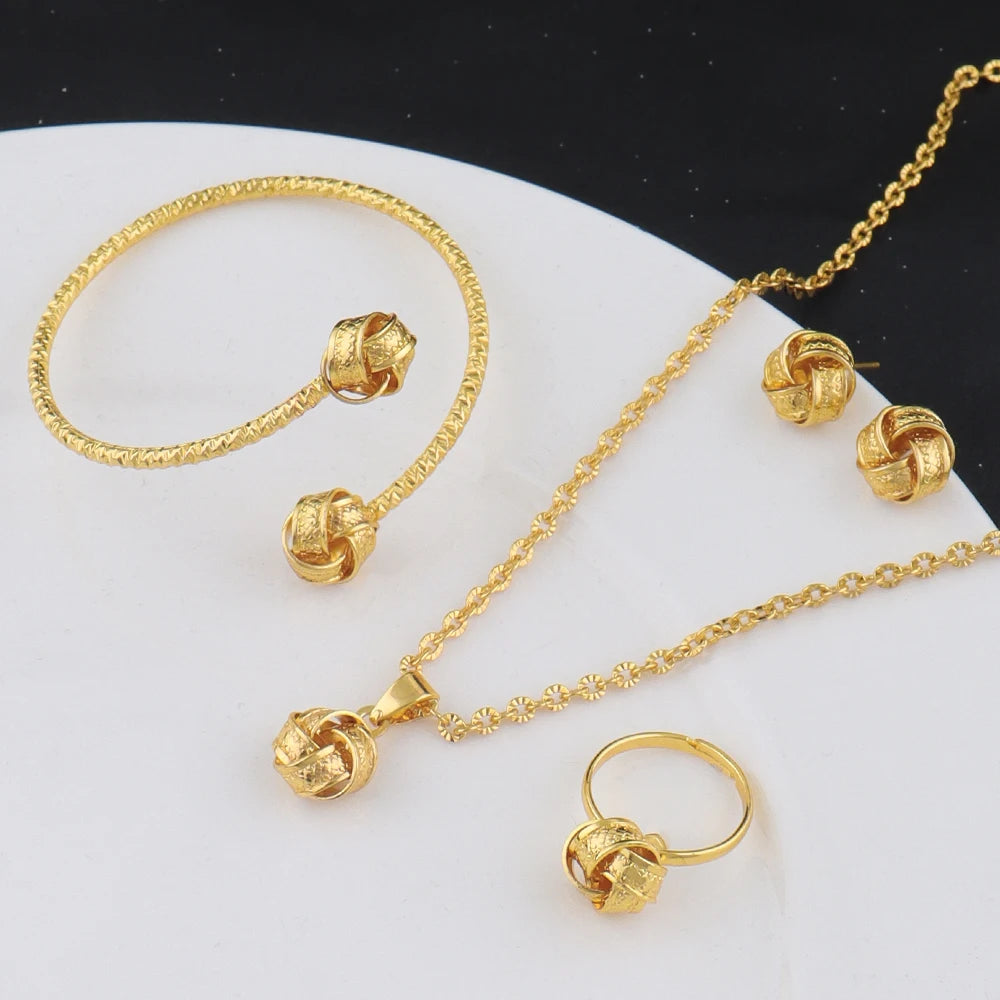 Gold Color Alloy Metal Twist Lucky Knot Earrings Necklace Bracelet Ring Set for Girls Trendy Geometric Vintage Jewelry