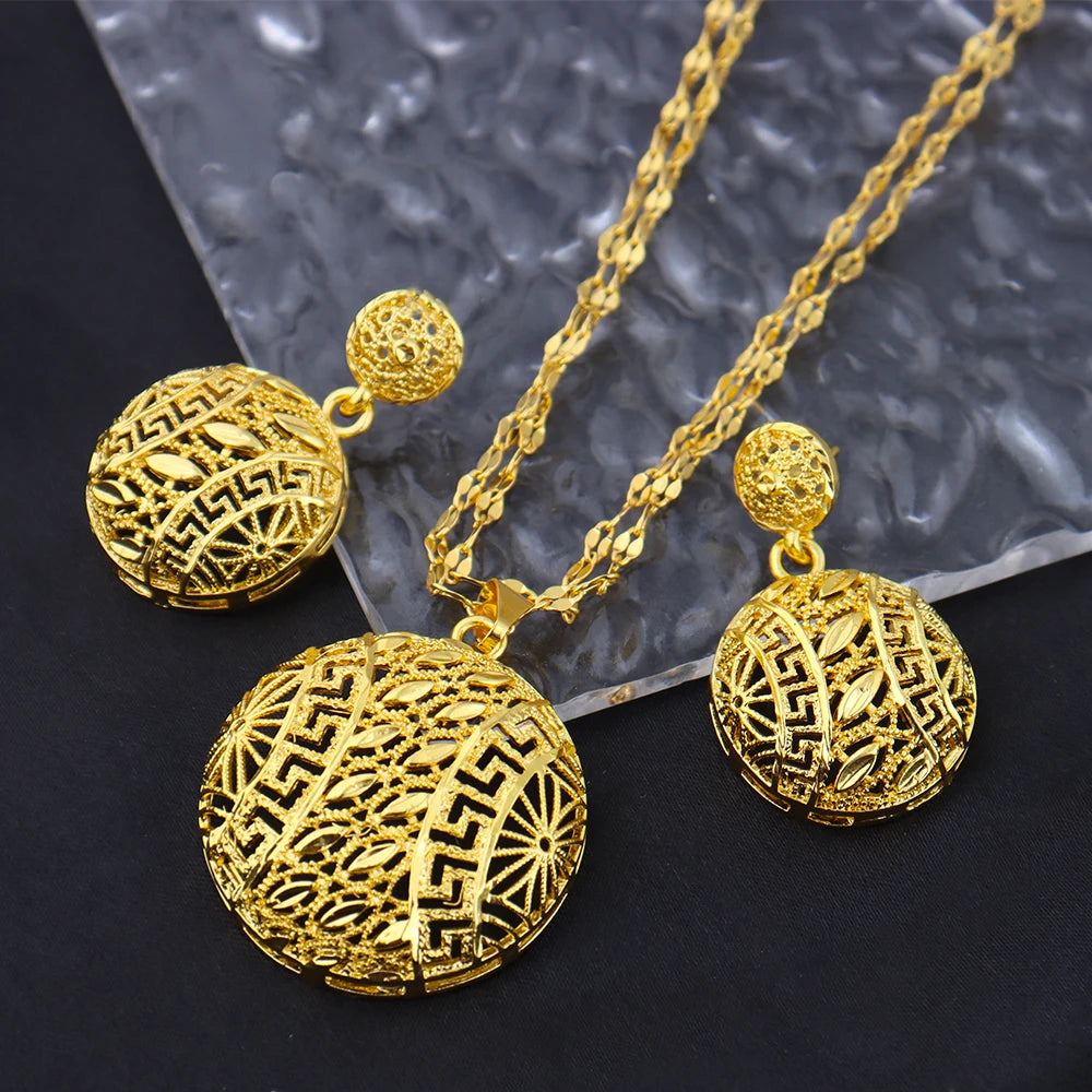Dubai Gold Plated Luxury Hollow Round Shape Necklace Earrings Set for Women Fashion Jewelry Gift for Party Wedding Bride