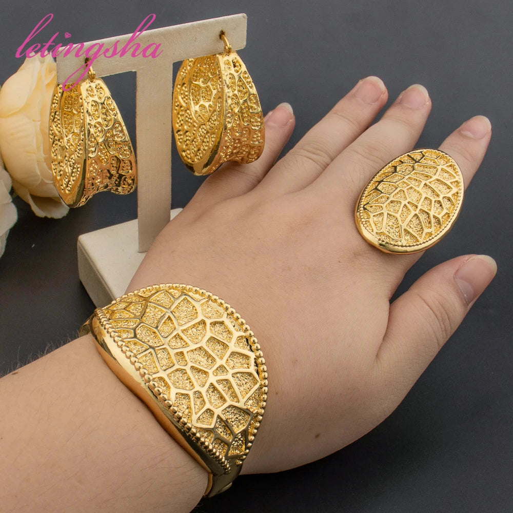 Trendy Hollow Hoop Earrings Large Style Jewelry For Ladies Fashion Copper Cuff Bangle with Ring For Women Daily Wear Party Gift