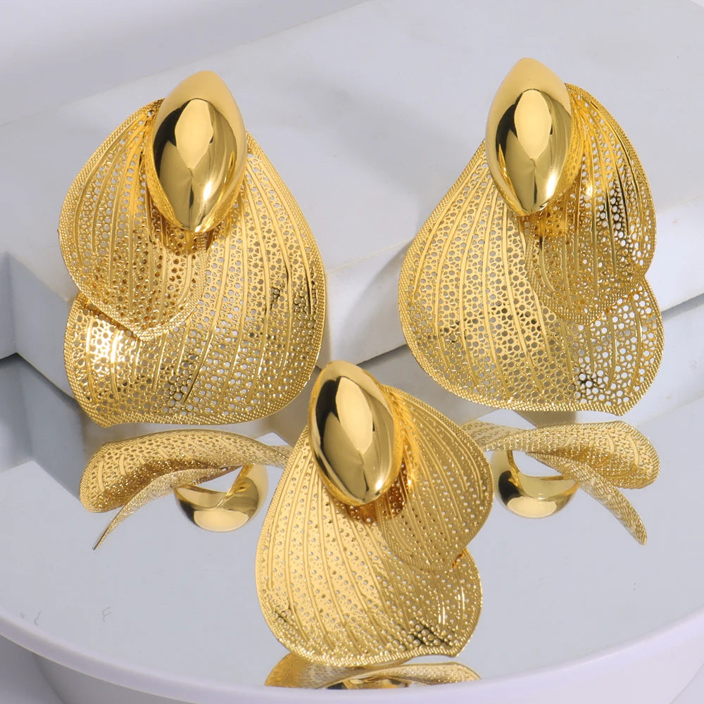 2025 New Style Gold-Plate Bee Wing Shape Ring and Earrings 2Pcs set For Women Luxury Design Jewelry Set For Party