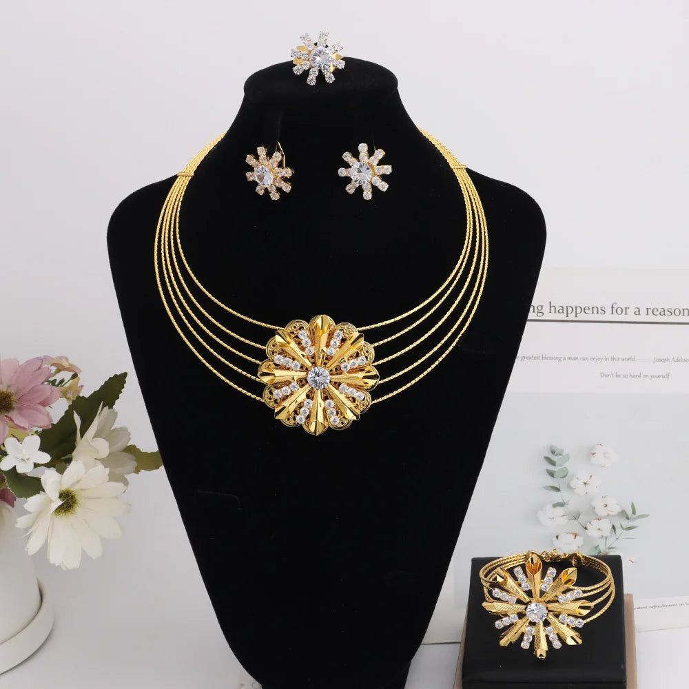 Fashion Shining Flower Shape Women Jewelry Set With Necklace Earrings Ring Bangle Gold Color Jewelry Gift For Party Wedding