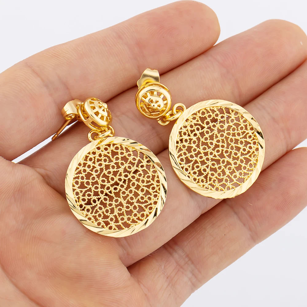 African Hoop Earrrings Necklace for Women Gold Plated Bead Chain Jewelry Set Dubai Classic Fashion Round Pendant Nigerian Gift