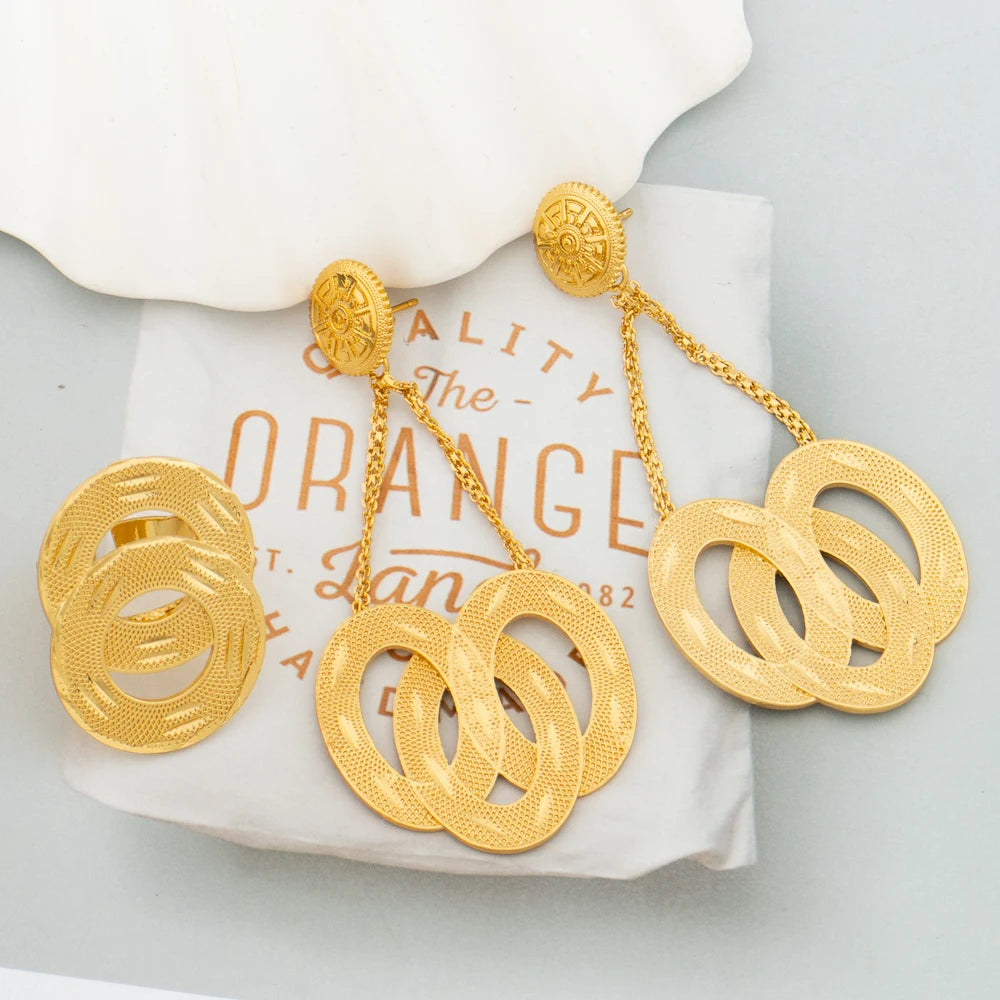 Fashion 18k Gold Plated Earrings and Ring Set for Women Girl Daily Wear France Dubai Tassel Earrings Jewelry Set Wedding Gift