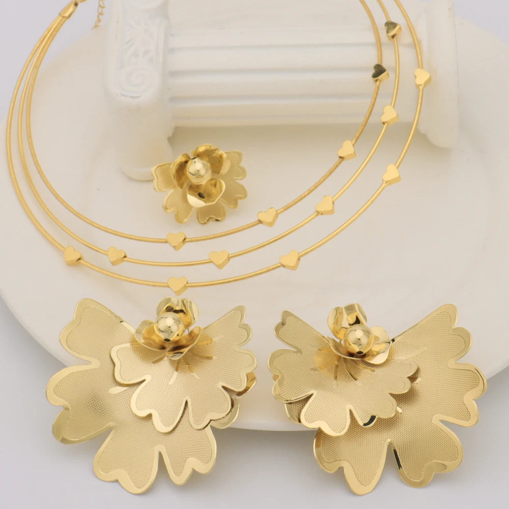 Original Dubai Flower Shape Copper Jewelry Sets For Women Luxury Earrings Ring Necklace Sets Gift For African Party Valentine