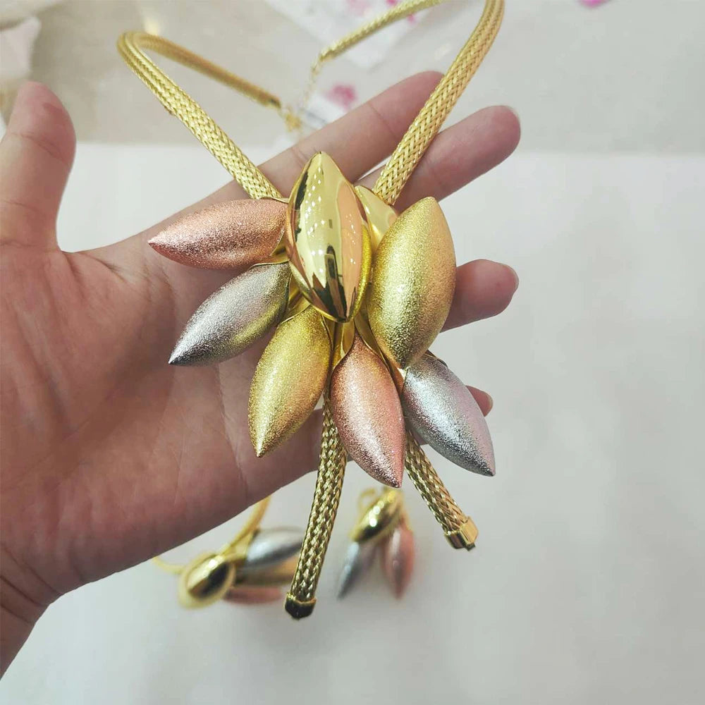 Women Jewelry Set Multiple Tricolor Ellipses Necklace Earrings Bangle Ring Ethiopian 4PCS Set Italy Good Quality Jewellry Gift