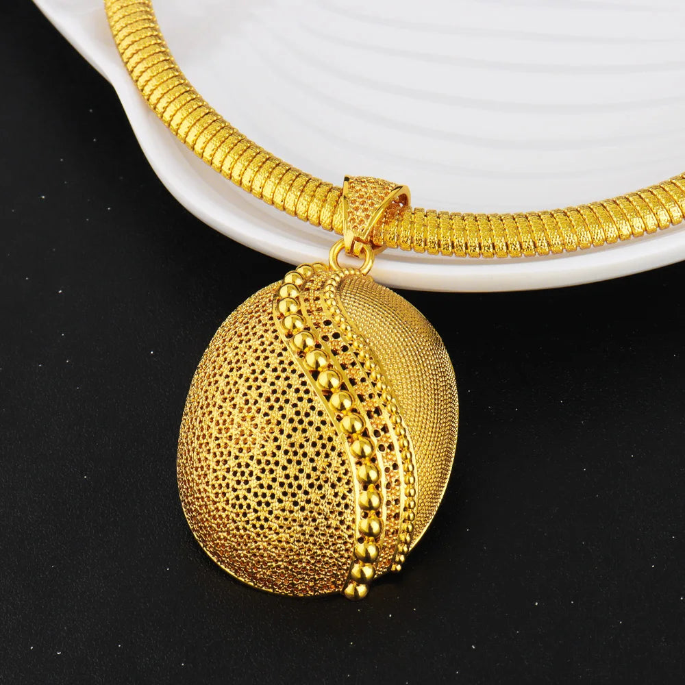 Luxury Shining Gold Color Necklace Earrings Ring Set for Women Round Water Drop Shape Jewelry Gift Party Wedding Banquet