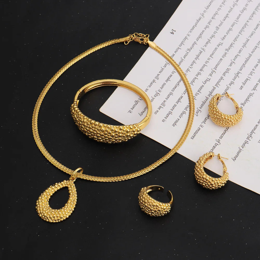 Africa Fashion Gold Plated Bangle Ring Earrings Necklace for Women Arab Multiple Beads Design Wedding Party Easter Jewelry Gift