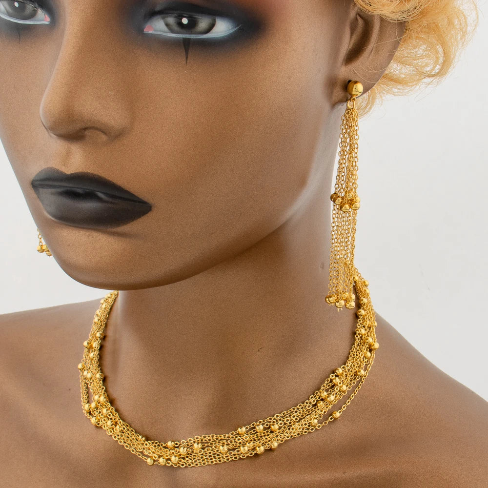 3PCS Jewelry Set For Women Geometric Round Necklace Vintage Fashion Tassel Earrings Gold Color Charm Bracelet Holiday Party Gift