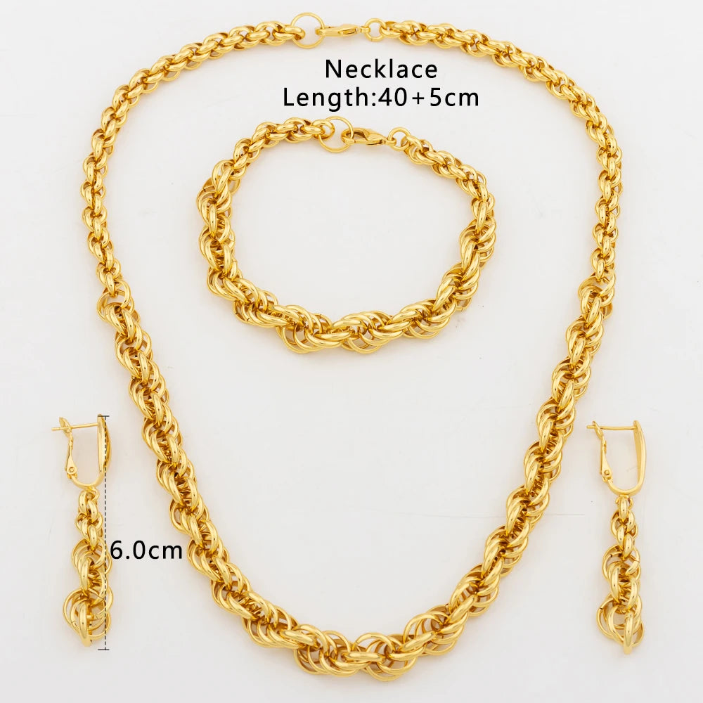 Fashion Copper Chain Dubai Jewelry Set Luxury Earrings Necklace Bracelet Women Punk Arab Jewelry Daily Wear Senior Party Gift
