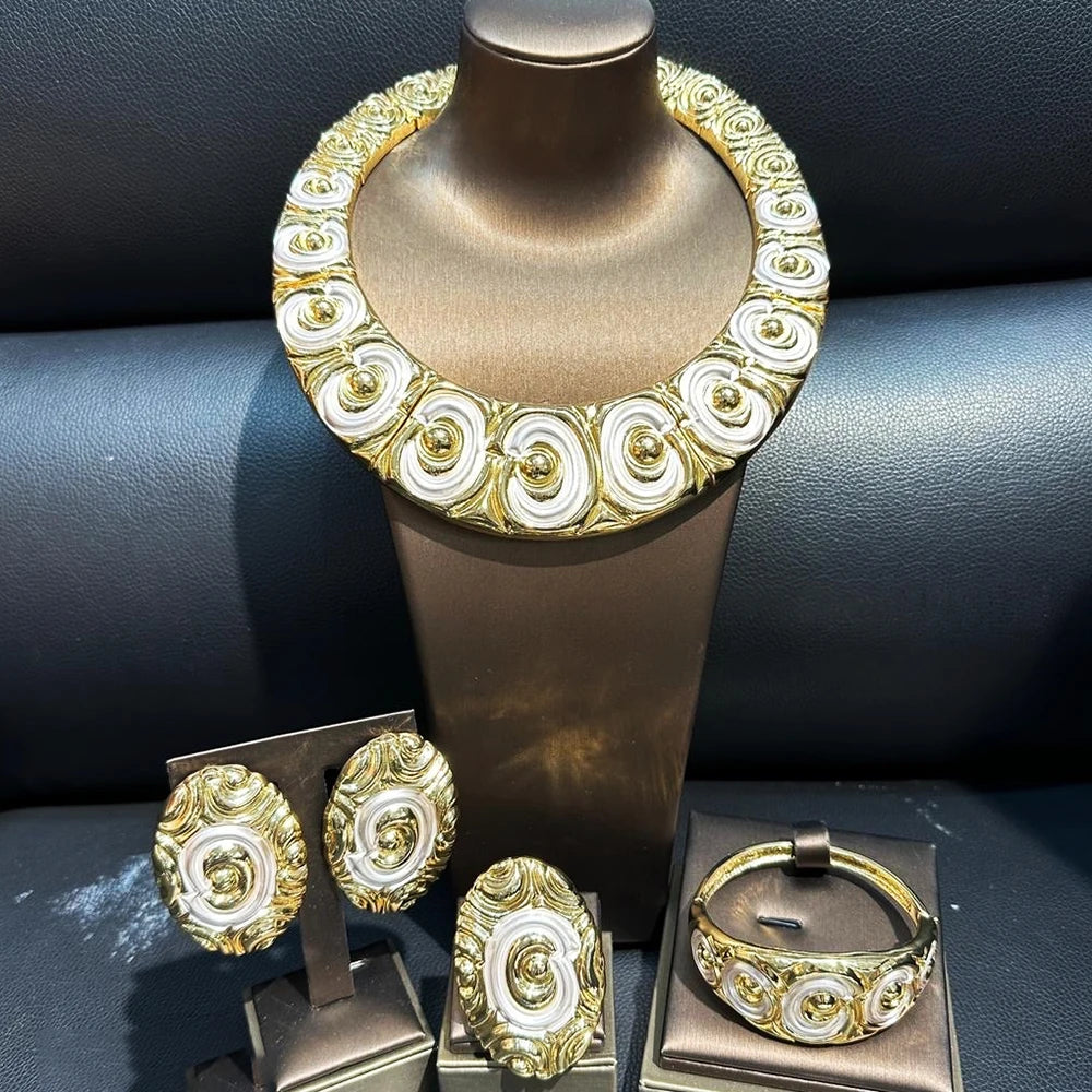 Luxurious Jewelry Set Big Bracelet Ring Necklace and earrings set for women 18k Gold Plated Jewelry Anniversary Gift