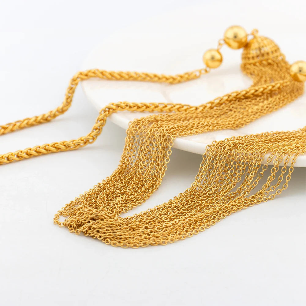 YM Luxury Jewelry Sets Dubai Gold Color Necklace Earrings With Tassel 80cm Long Chain Cuff Bangles Ring Jewelry for Women Gifts - YUEMING JEWELRY