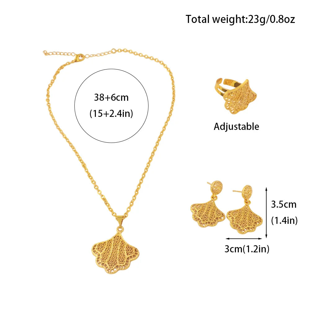 Mid East Fashion Gold Plated Necklace Ring Earrings Set for Women Gold Color Luxury Dubai Jewelry Gift Apply to Bride Mother