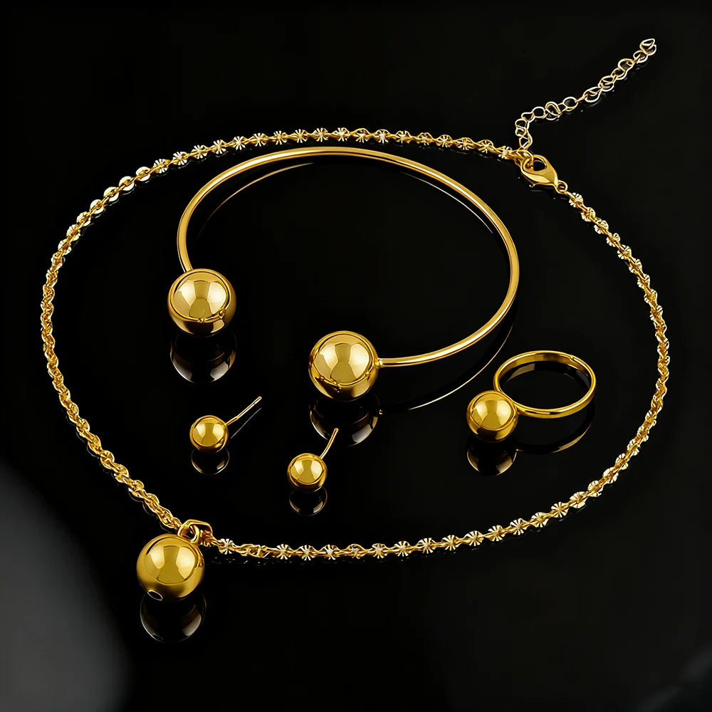 New Fashion Stainless Steel Metal Bead Ball Necklace Bracelet Earrings Ring For Women Gold Color Waterproof Jewelry Set Gift