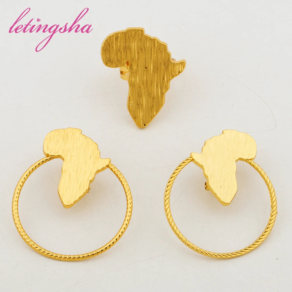 African Map Shape Gold Color Earrings Ring Jewelry Set for Women Clip Earrings and Finger Ring 2Pcs Set Weddings Daily Wear