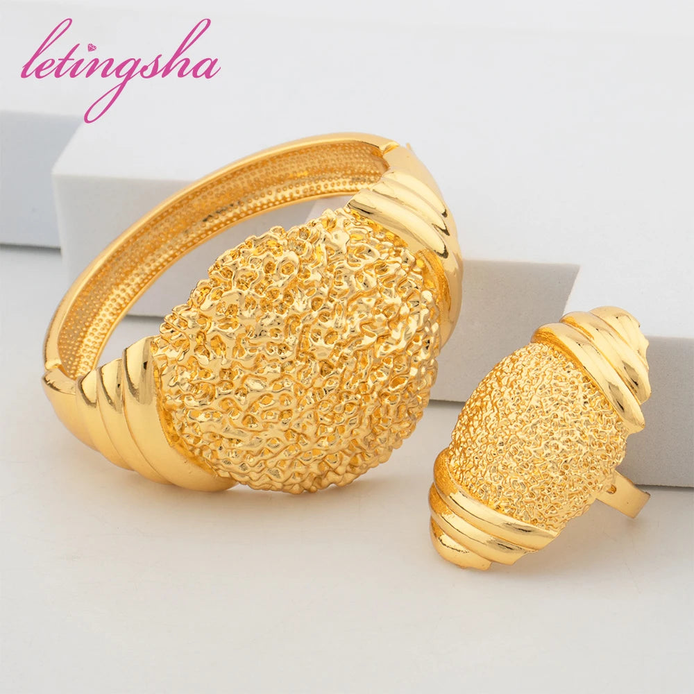 Italian Women Design Jewelry Sets Ethiopian Gold Color Cuff Bangle Fashion Ring Set Dubai Bride Jewelry Wedding Party Gift