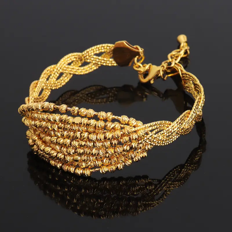 Vintage Gold Color Middle East Women Jewelry Set Ethiopia Multi Layer And Multi Bead Design Bangle And Ring Wedding Easter Gift