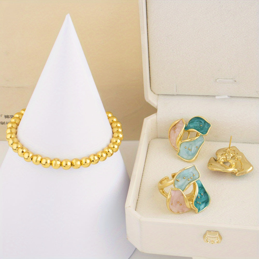 4pcs 24K Gold Plated Golden-plated ring earring set, cut in Belgium, Valentine's Day gift for girlfriend, suitable for graduation season travel commemorative gift, bride bridesmaid tropical style gift