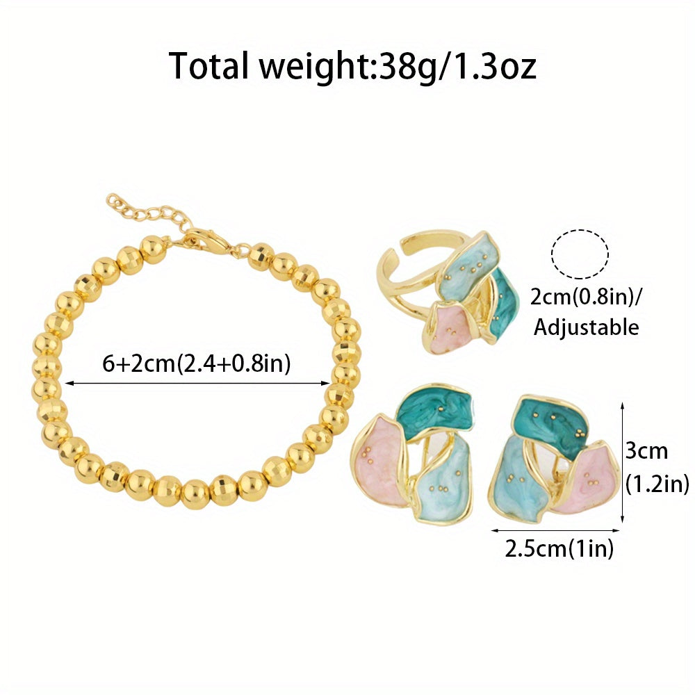 4pcs 24K Gold Plated Golden-plated ring earring set, cut in Belgium, Valentine's Day gift for girlfriend, suitable for graduation season travel commemorative gift, bride bridesmaid tropical style gift