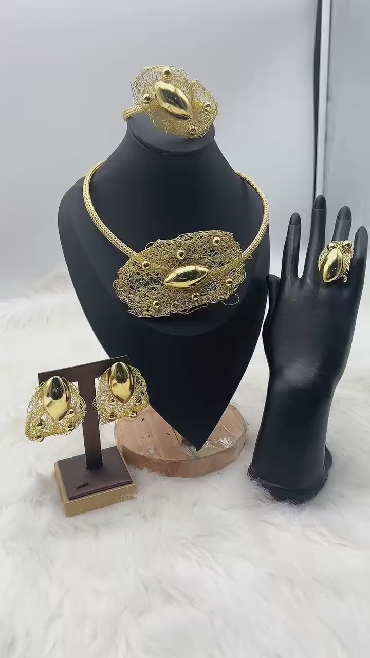 Unique Gold Color Jewelry Set Fashion Necklace Earrings Copper Cuff Bracelet Ring Brazilian 4PCS Jewelry Women Wedding Gift